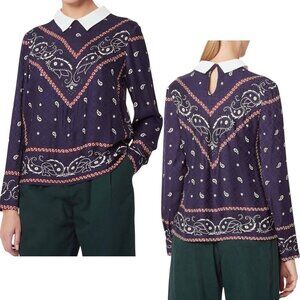 Sandro, Women’s ‘Papillon’ Blouse Top, Western Bandana Print, Blue, Size 1, 4 US